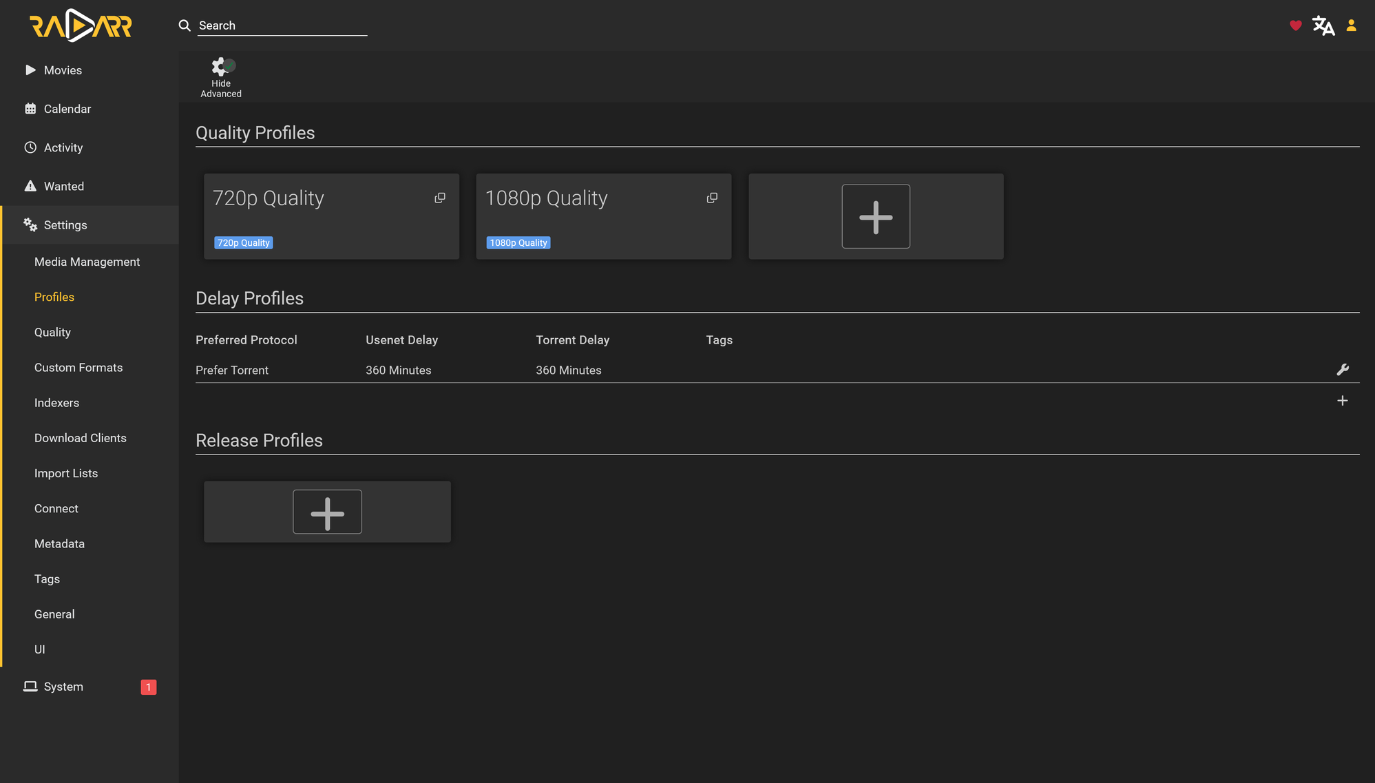 Radarr's Profiles settings, listing the 720p Quality and 1080p Quality profiles synced from Dictionarry